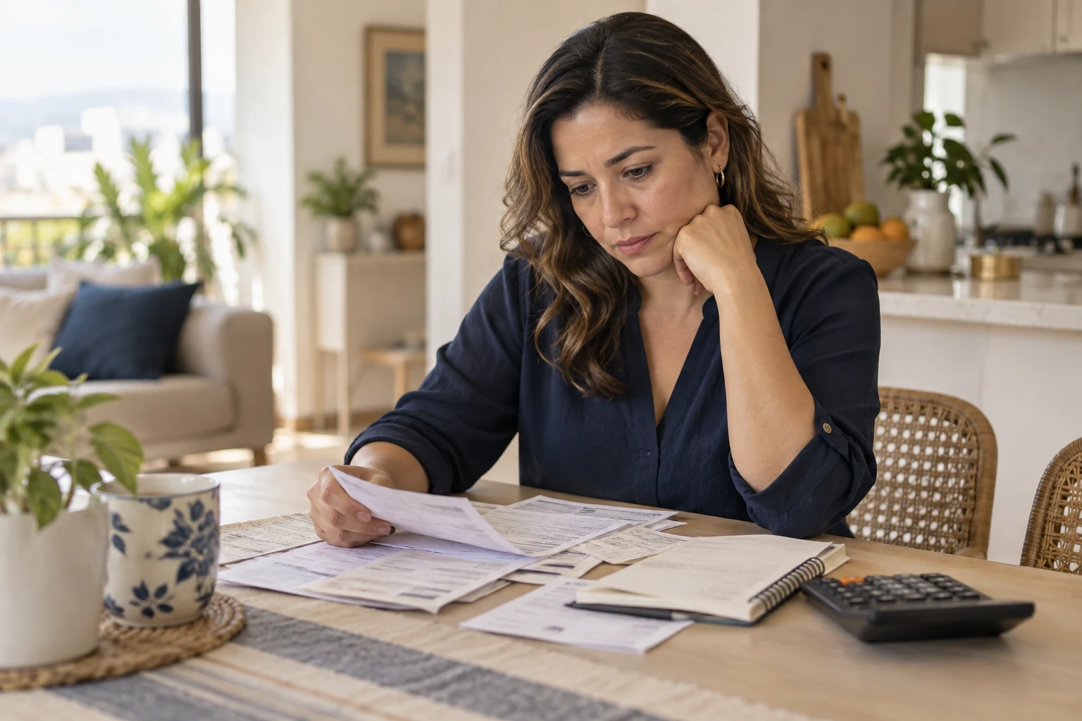Mujer organizando facturas y haciendo cuentas en casa