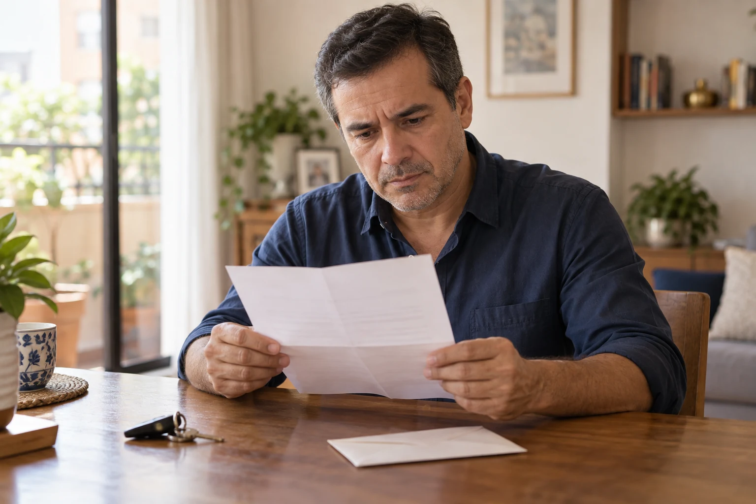 Hombre leyendo una comunicación con documentos y llaves sobre la mesa