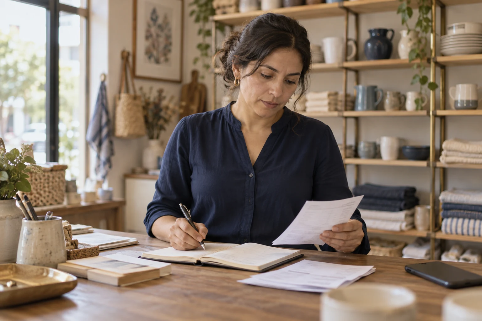 Emprendedora revisando facturas en su negocio