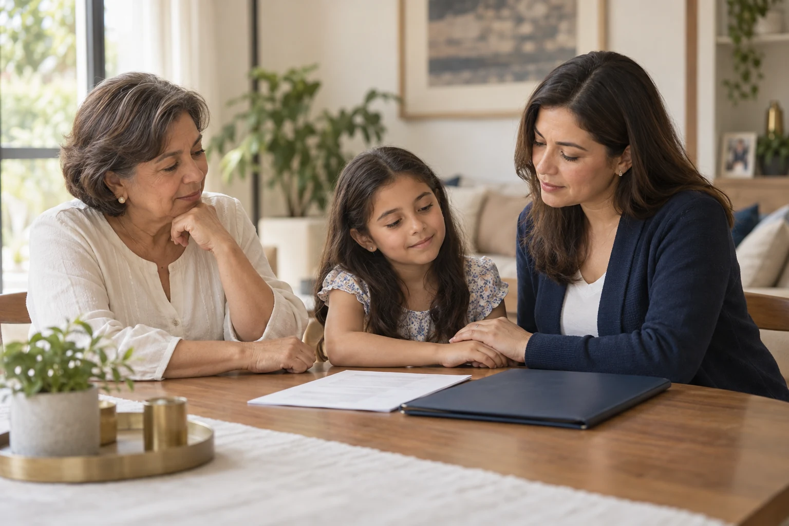 Tres mujeres de distintas generaciones conversando con una carpeta en la mesa